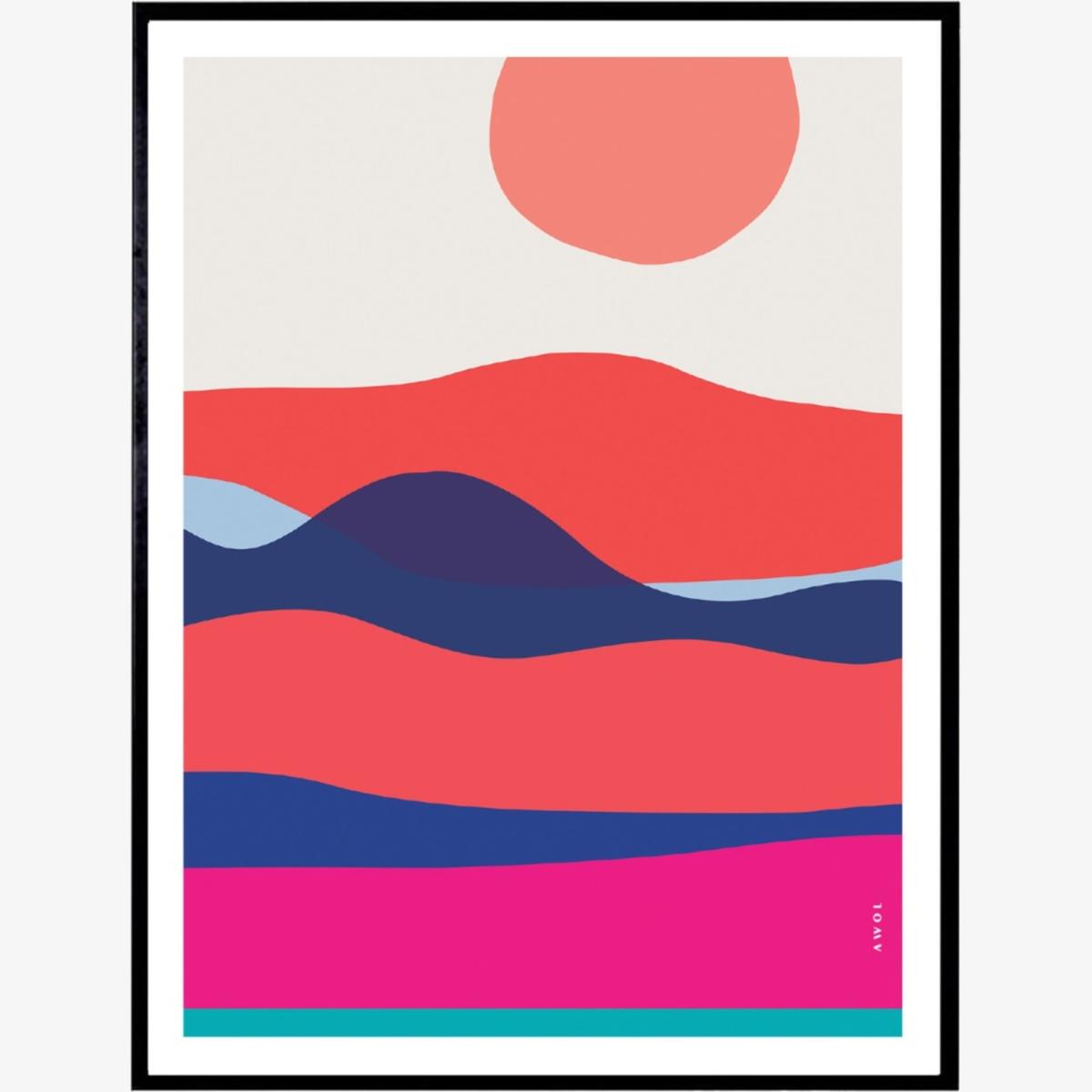 Blue / Yellow / Orange Ocean Waves At Sunset And Sunrise: Colourful Orange, Pink And Navy Blue Sea Art Print Awol – image 1