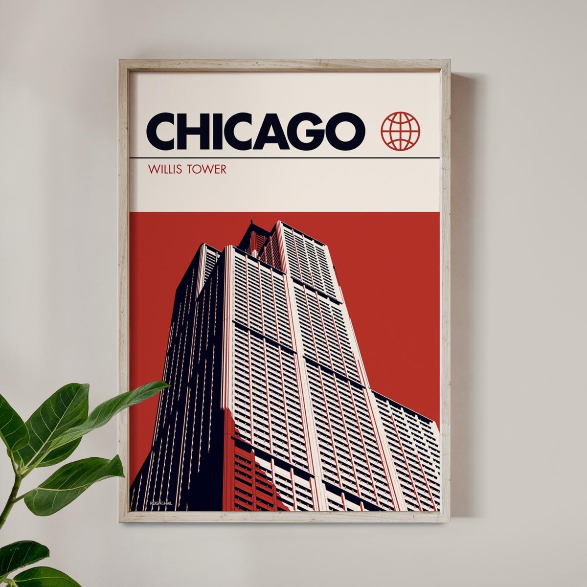 Chicago Willis Tower Modernist Architectural Travel Poster A1 594 X 841Mm Reign & Hail – image 2