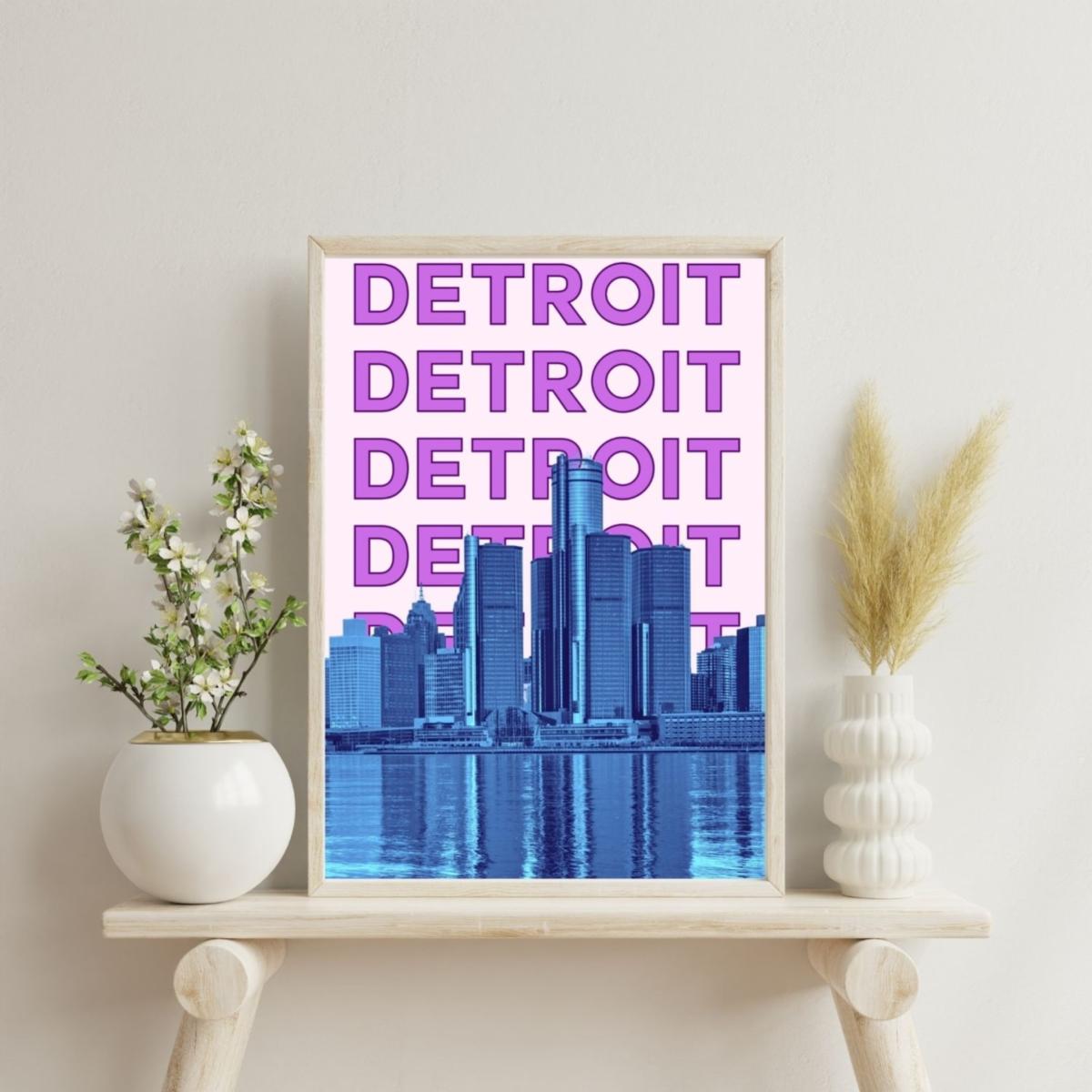 Pink / Purple Detroit Skyline Reflections Poster | Artchi – image 2