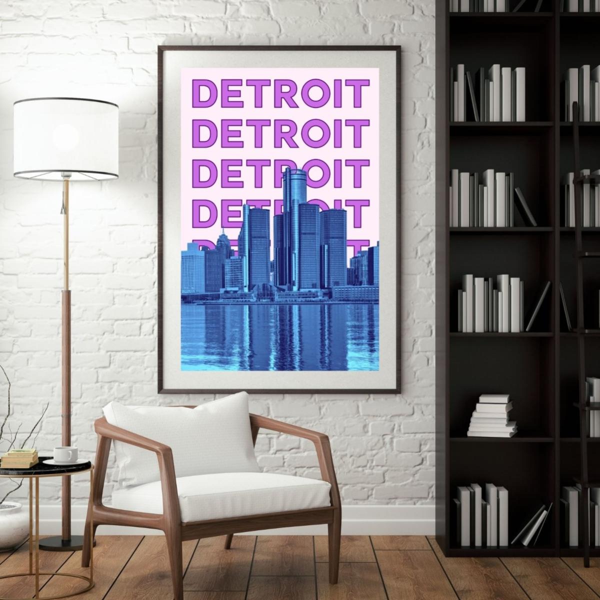 Pink / Purple Detroit Skyline Reflections Poster | Artchi – image 3