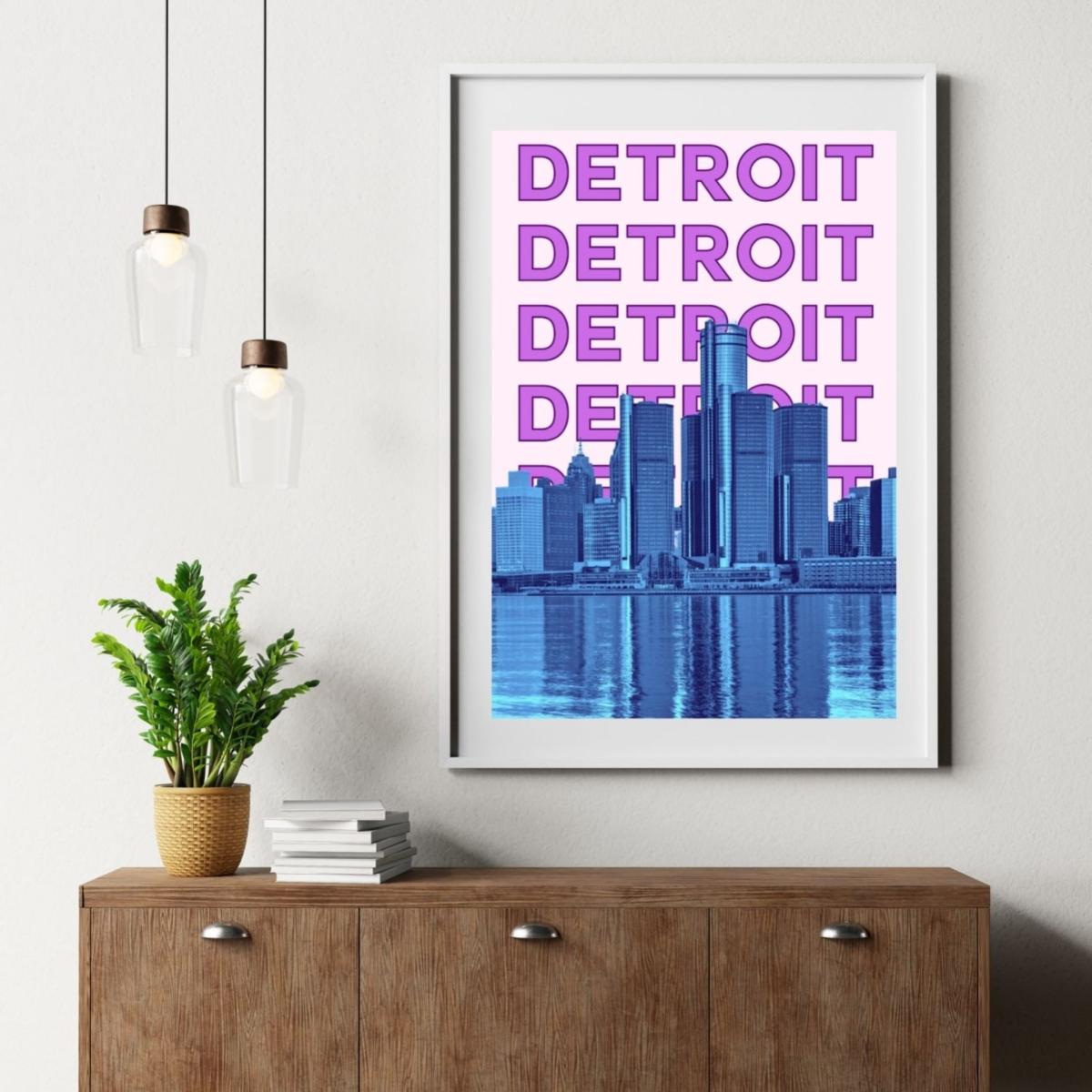 Pink / Purple Detroit Skyline Reflections Poster | Artchi – image 4