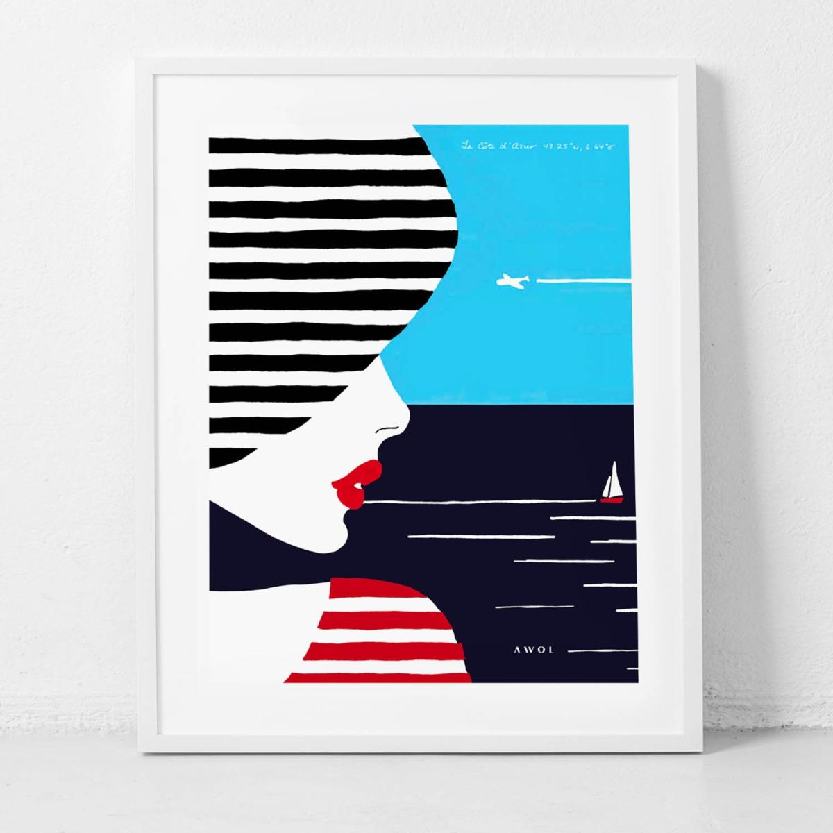 White / Black / Blue Portrait Of The South Of France Art Print: Woman In Stripes On The French Riviera Awol – image 2