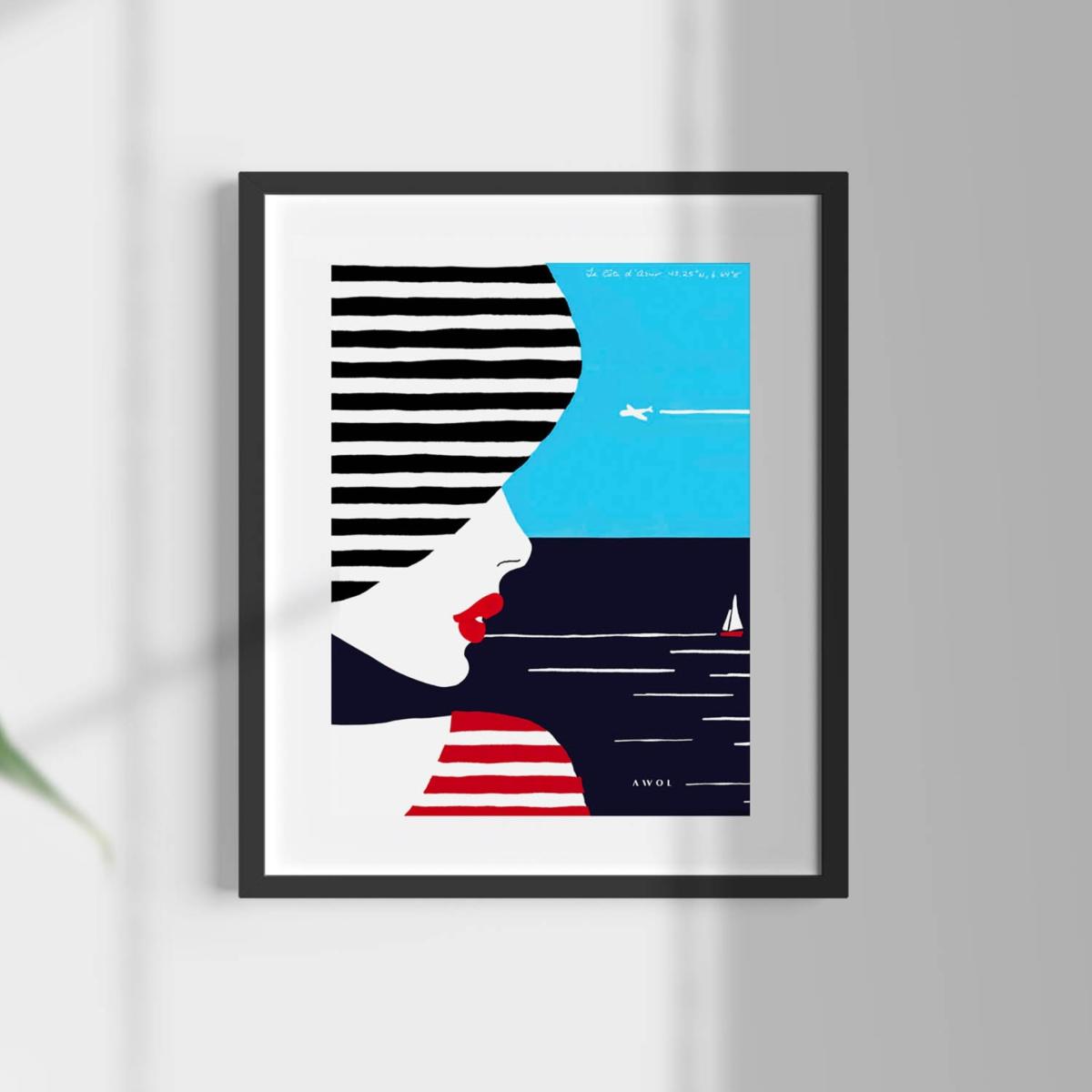 White / Black / Blue Portrait Of The South Of France Art Print: Woman In Stripes On The French Riviera Awol – image 11