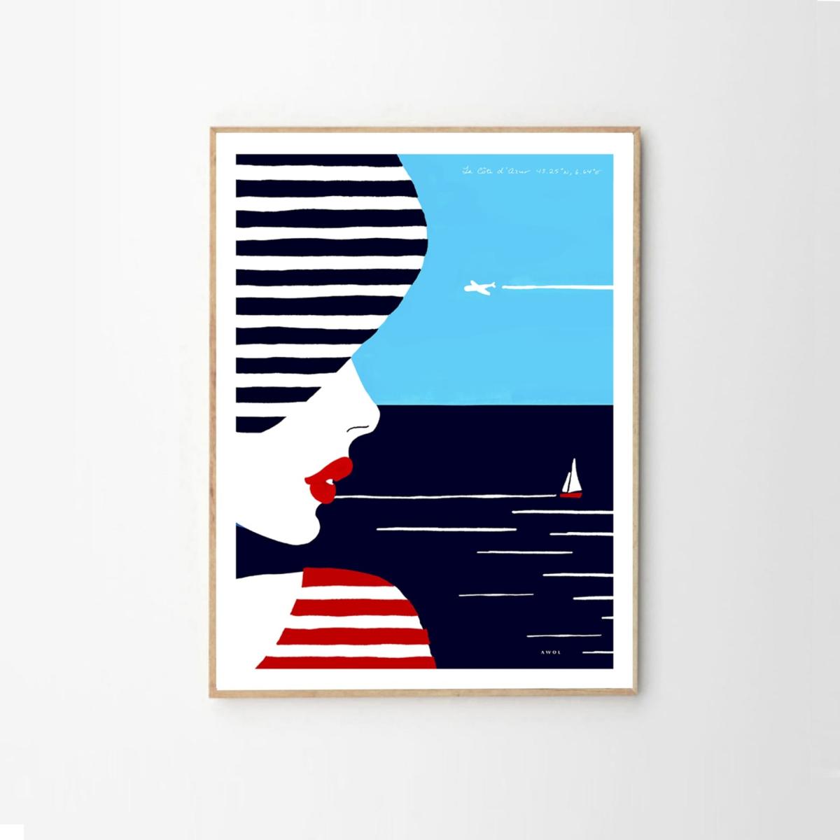 White / Black / Blue Portrait Of The South Of France Art Print: Woman In Stripes On The French Riviera Awol – image 12