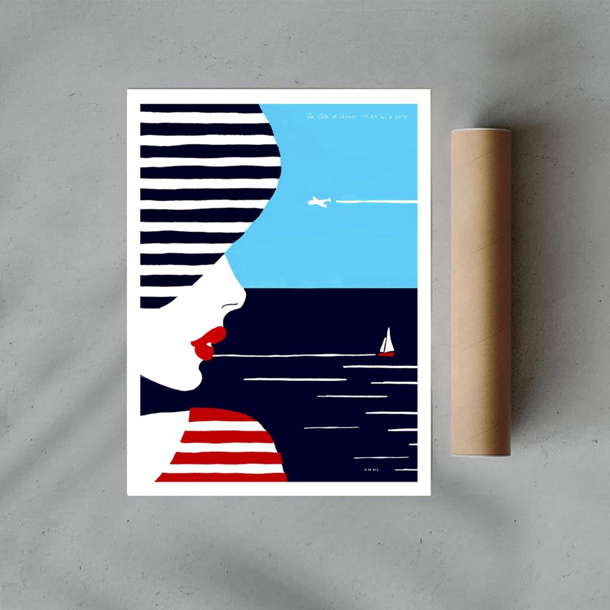 White / Black / Blue Portrait Of The South Of France Art Print: Woman In Stripes On The French Riviera Awol – image 3