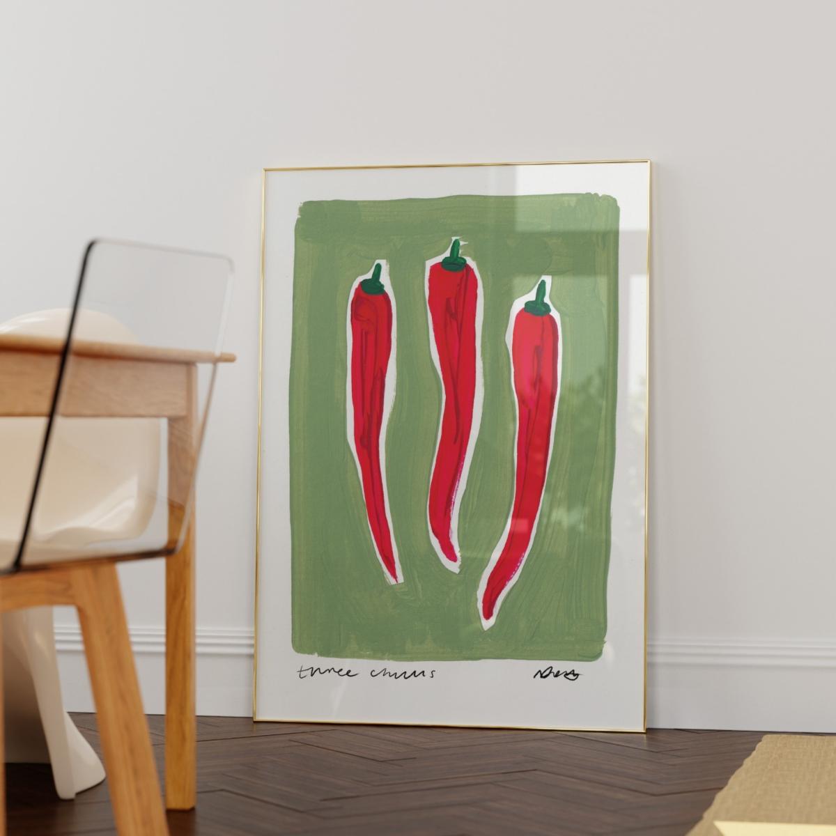 Green / Red Three Chillis Hand Painted Art Print - A3 | Natalie Cass Art – image 2