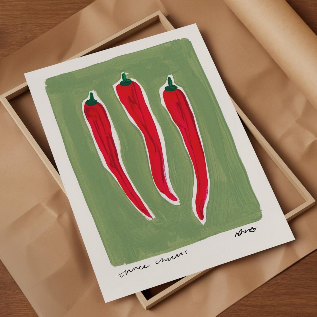 Green / Red Three Chillis Hand Painted Art Print - A3 | Natalie Cass Art – image 3