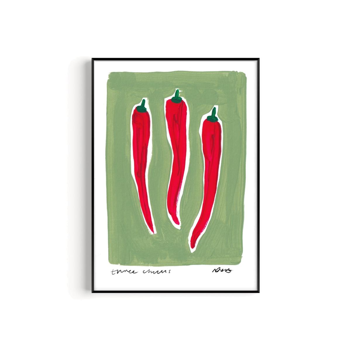 Green / Red Three Chillis Hand Painted Art Print - A3 | Natalie Cass Art – image 1