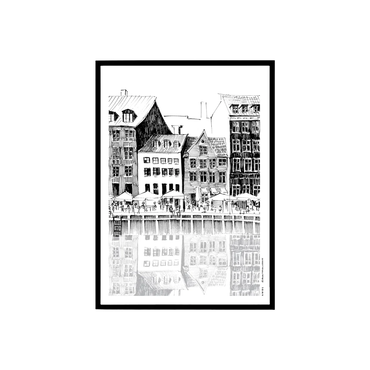 Black / White Copenhagen Art Print: A Beautiful Day On Nyhavn Canal A4 210 X 297Mm Awol – image 1