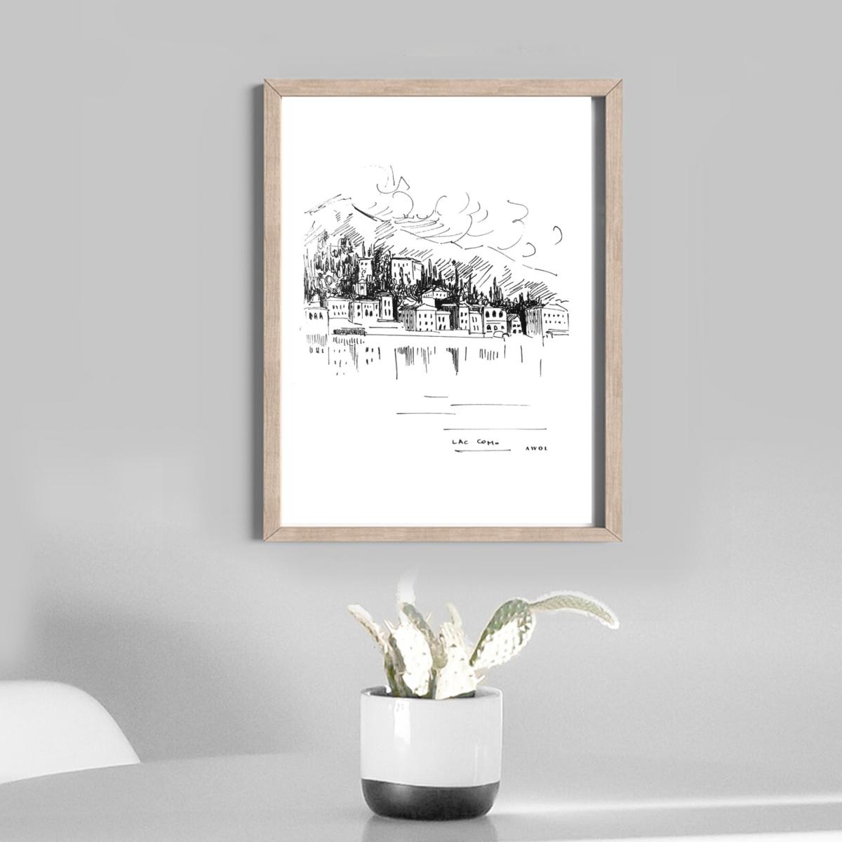 Black / White Lake Como Landscape Illustration Awol – image 3