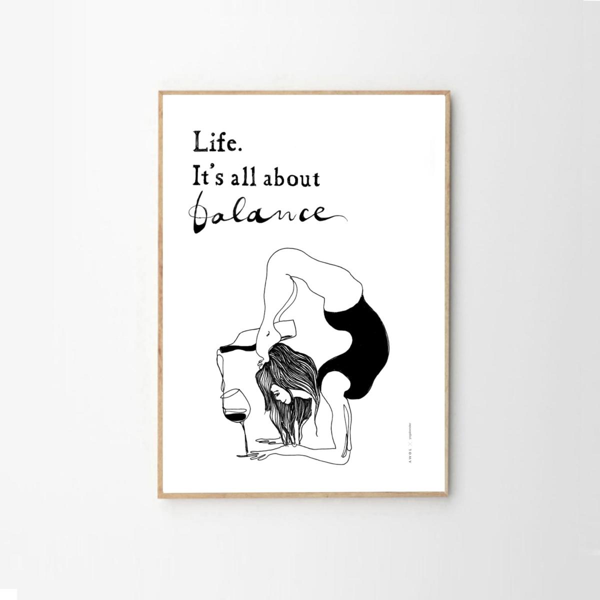 Black / White Modern Balance: Fun Yoga Art Print With Life Quote And Wine Awol – image 2