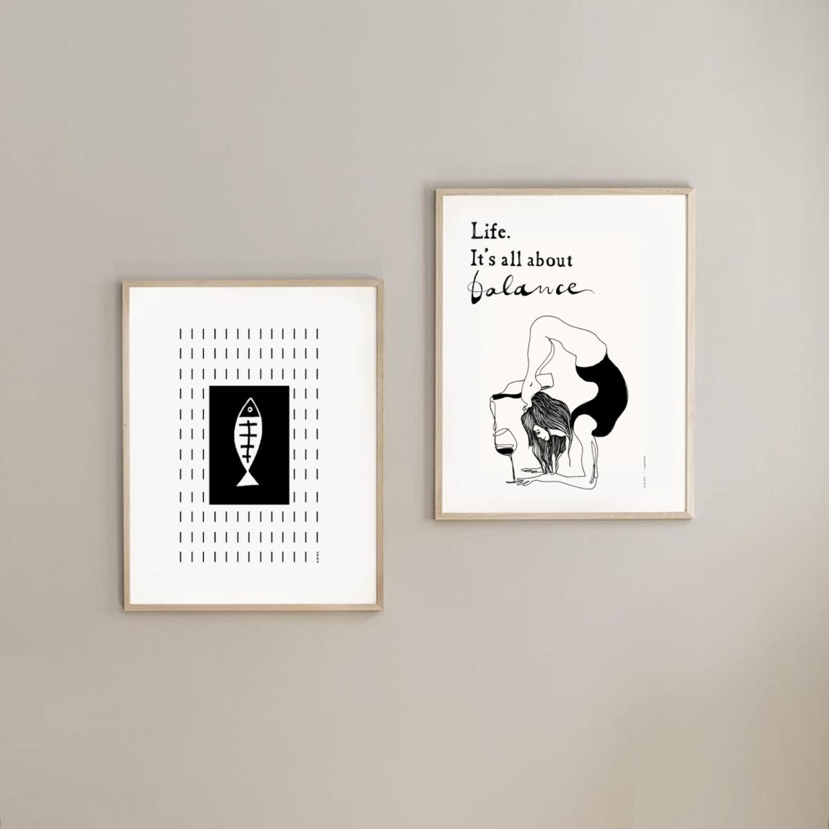 Black / White Modern Balance: Fun Yoga Art Print With Life Quote And Wine Awol – image 11