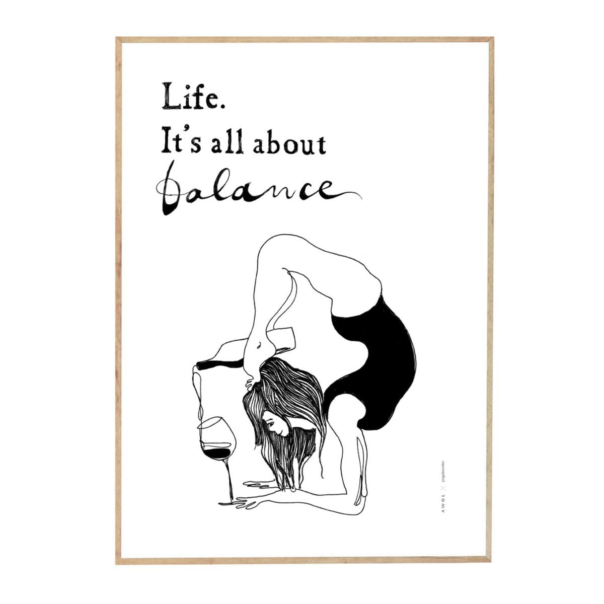Black / White Modern Balance: Fun Yoga Art Print With Life Quote And Wine Awol – image 12