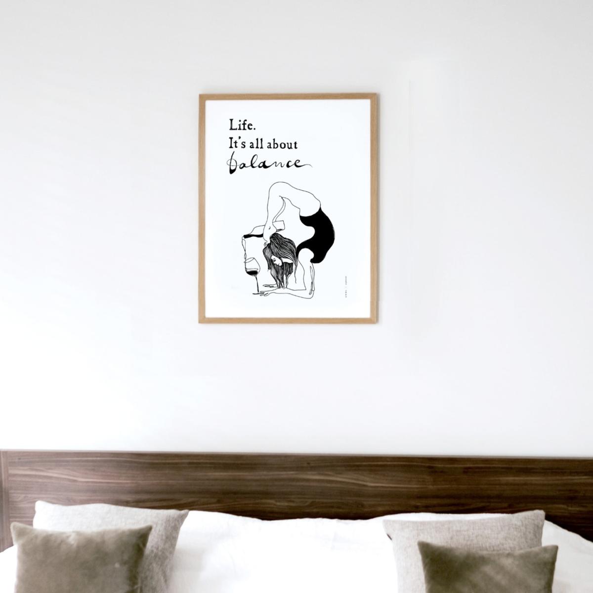 Black / White Modern Balance: Fun Yoga Art Print With Life Quote And Wine Awol – image 4