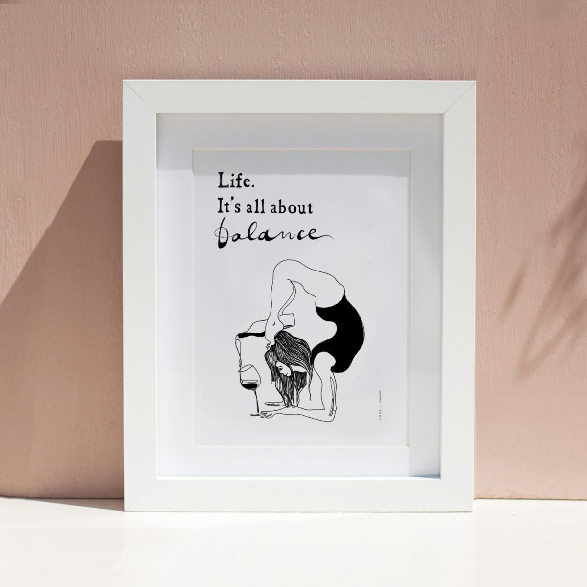 Black / White Modern Balance: Fun Yoga Art Print With Life Quote And Wine Awol – image 5
