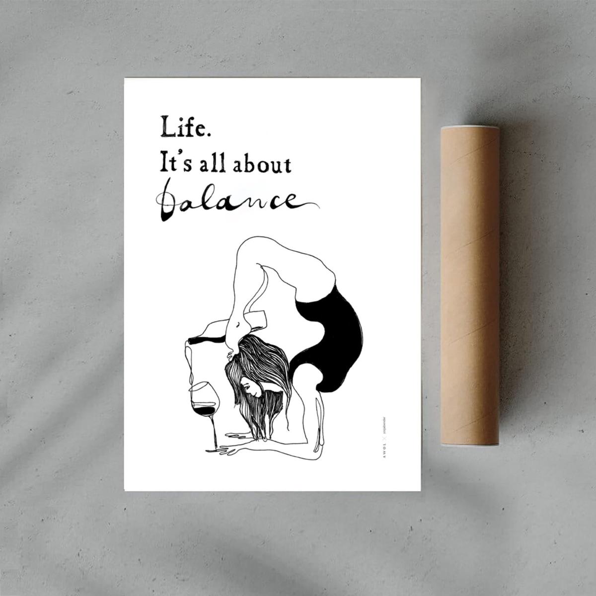 Black / White Modern Balance: Fun Yoga Art Print With Life Quote And Wine Awol – image 7