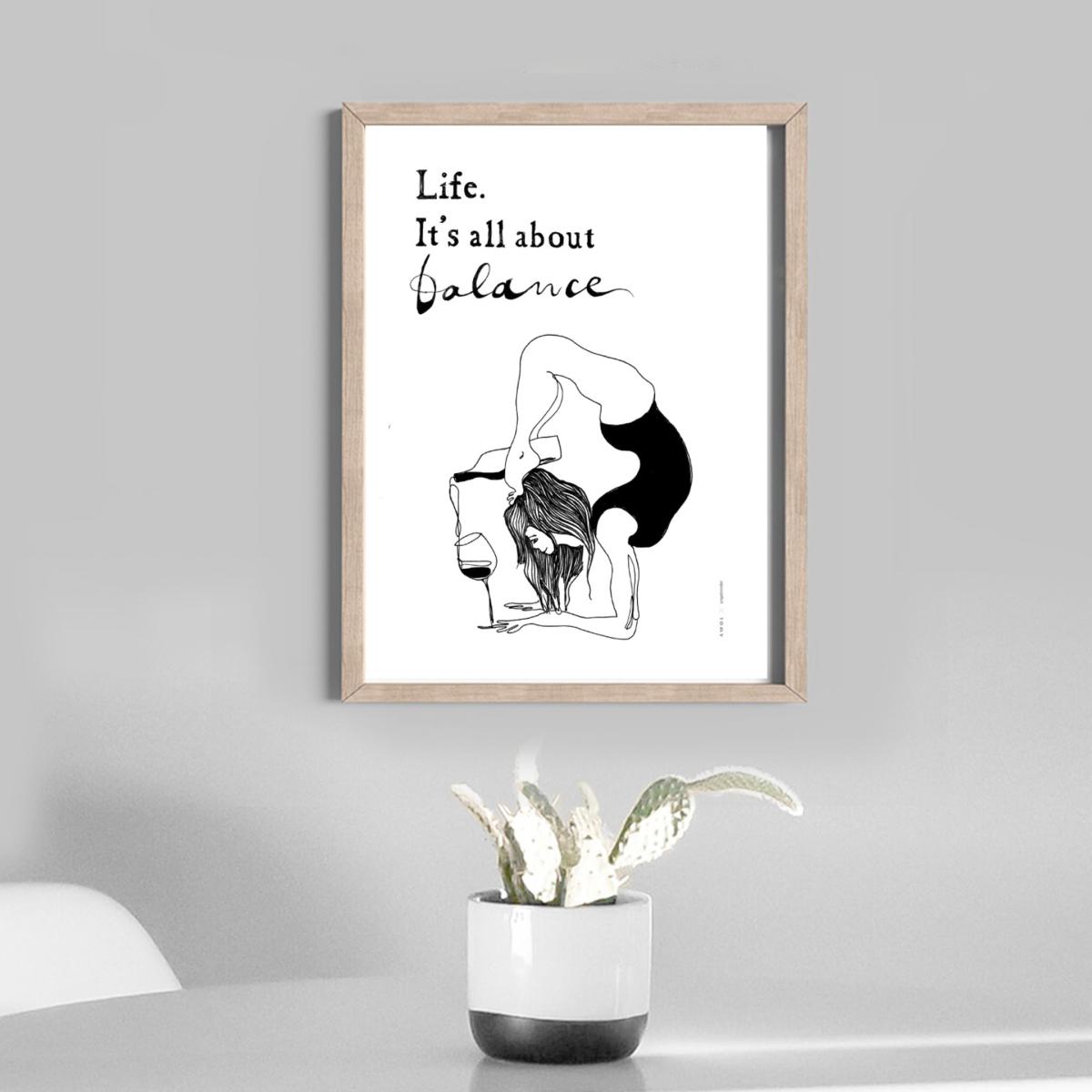 Black / White Modern Balance: Fun Yoga Art Print With Life Quote And Wine Awol – image 8