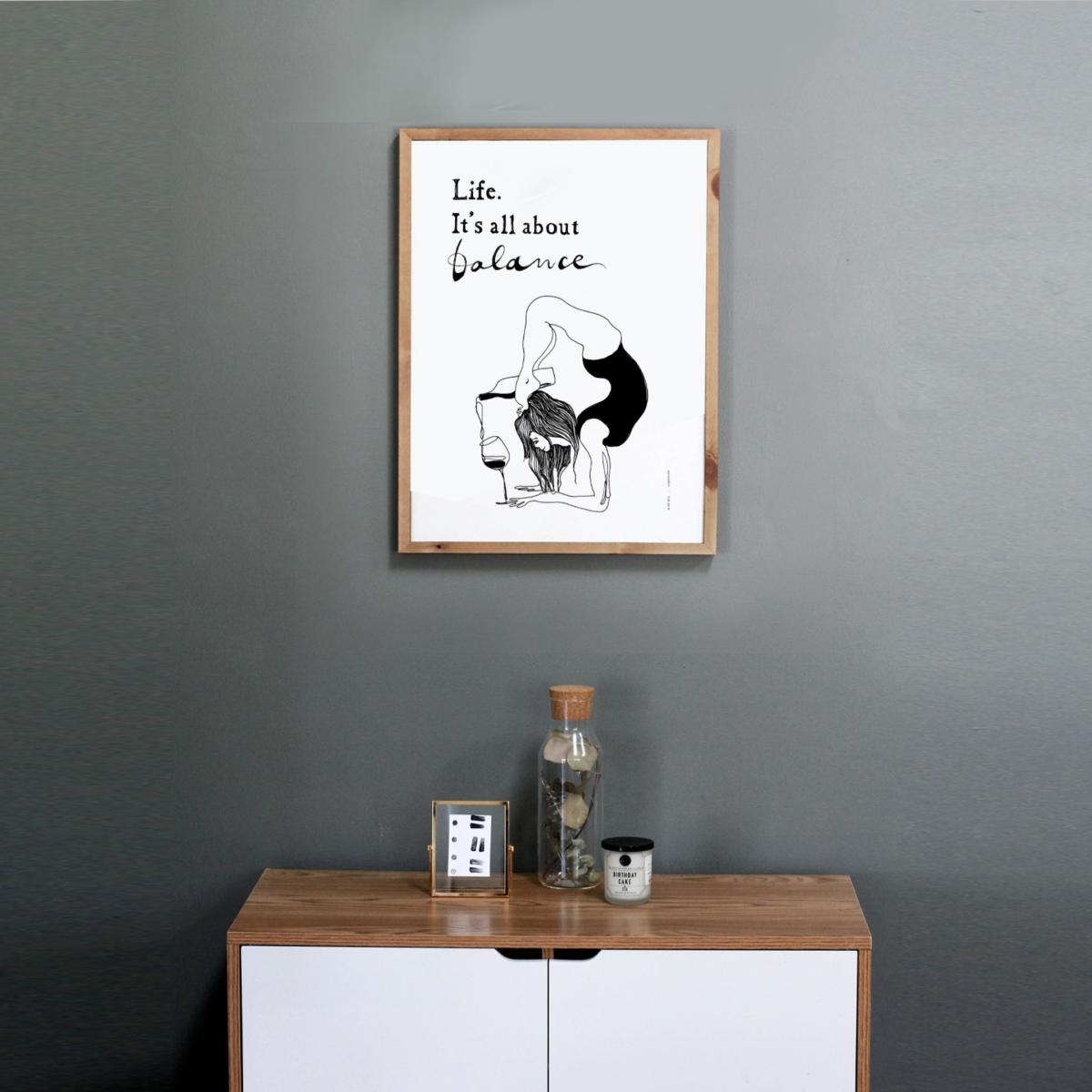 Black / White Modern Balance: Fun Yoga Art Print With Life Quote And Wine Awol – image 9
