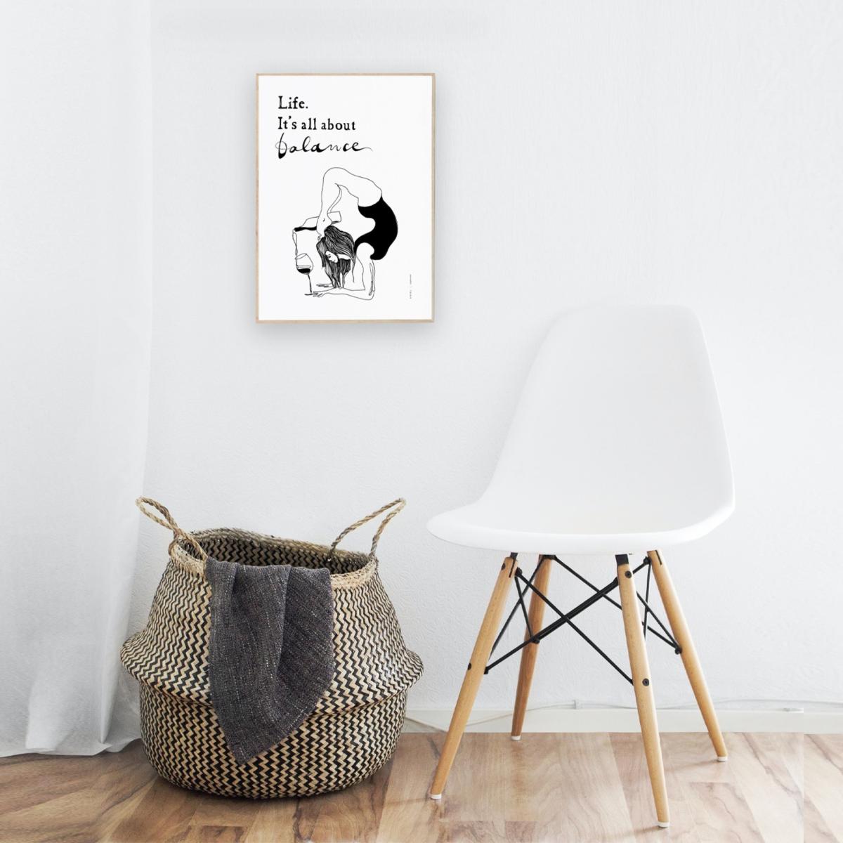 Black / White Modern Balance: Fun Yoga Art Print With Life Quote And Wine Awol – image 10