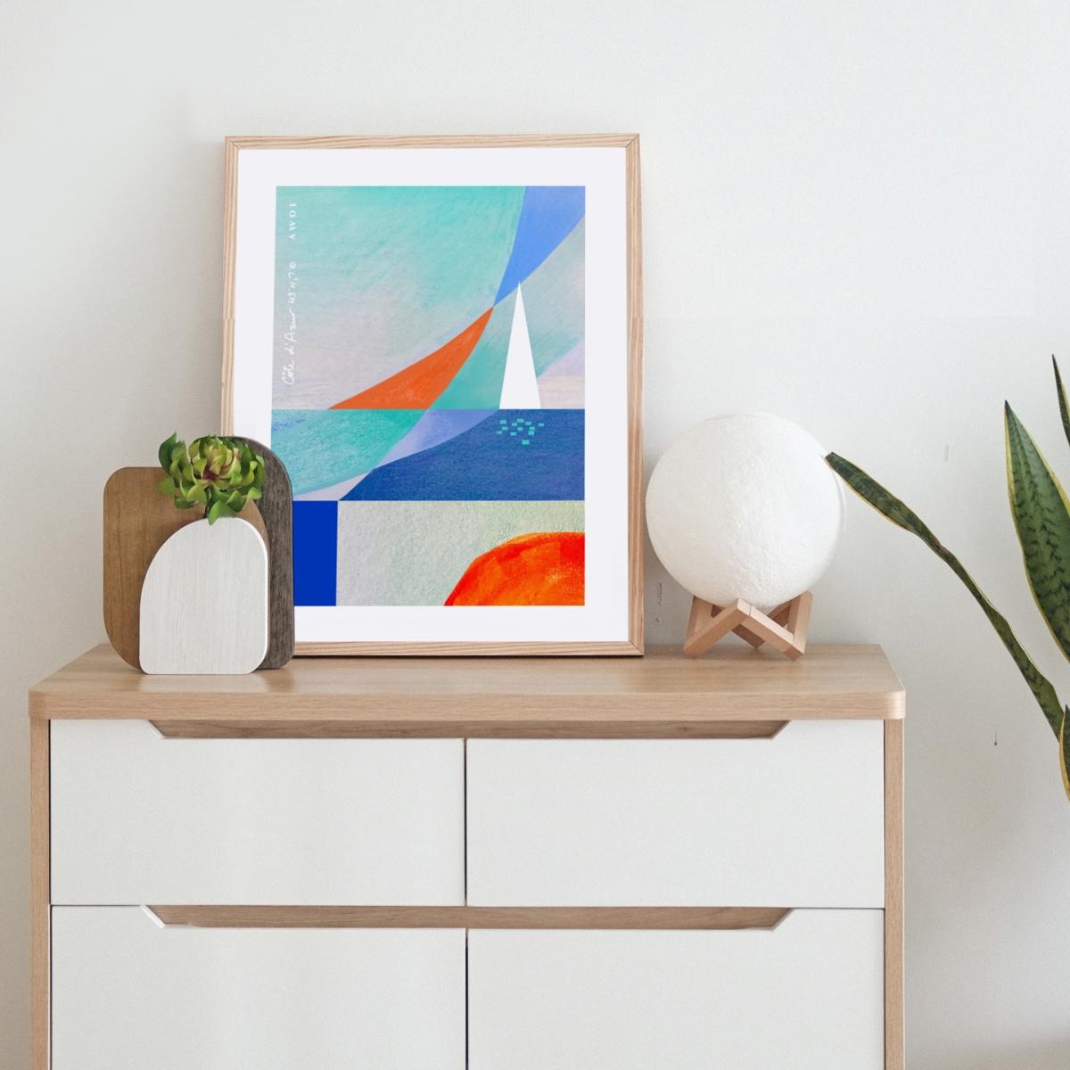 White / Blue / Yellow Art Abstraction On The French Riviera: Sailboats On The Sea At Sunrise Awol – image 2
