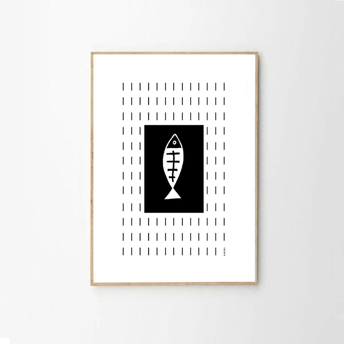 Black / White Plenty Of Fish Art Print: Black And White Fish Illustration Swimming Upstream In A Graphic Line Pattern Awol – image 9