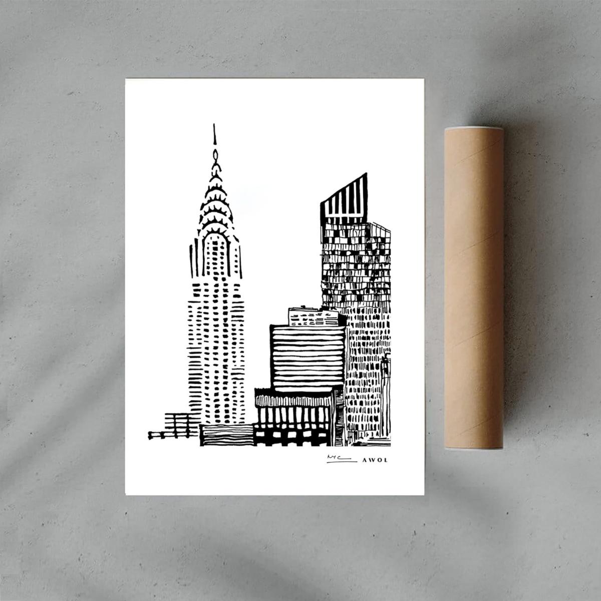 Black / White New York Cityscape Art Print: Manhattan Skyline Illustration A3 297 X 420Mm Awol – image 4