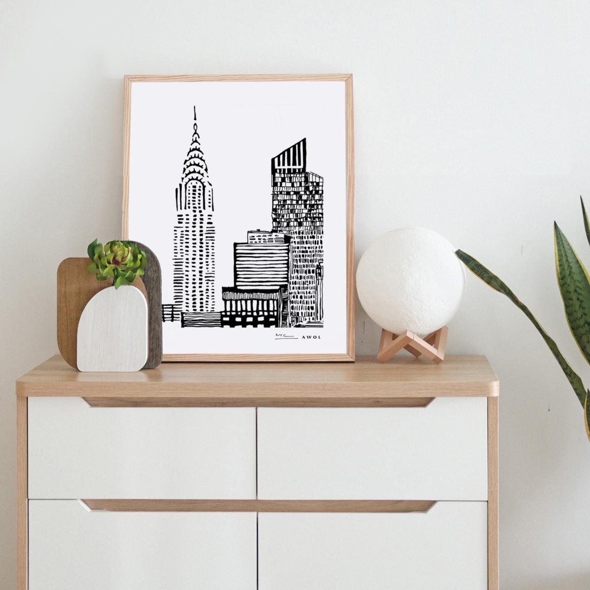 Black / White New York Cityscape Art Print: Manhattan Skyline Illustration A3 297 X 420Mm Awol – image 9