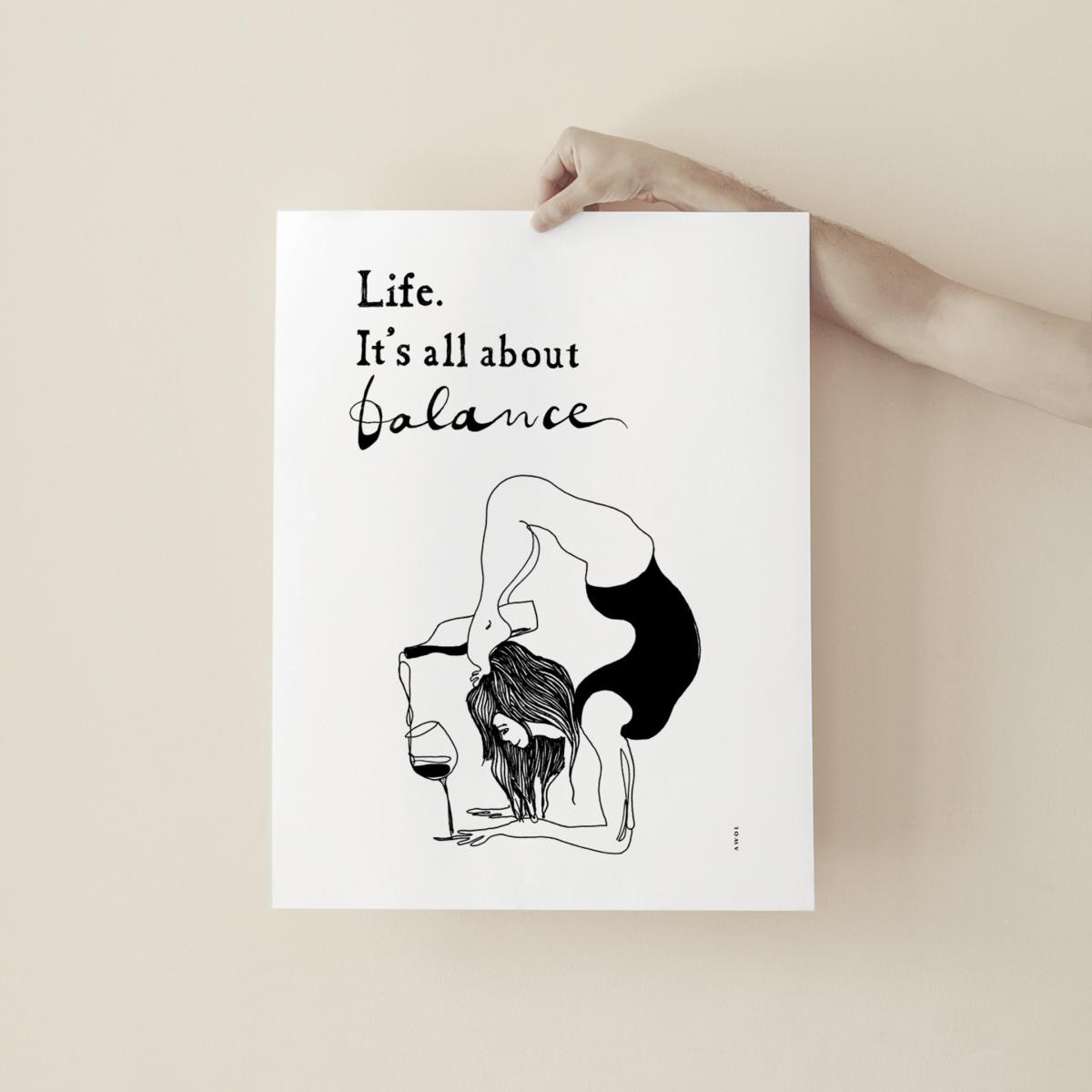 Black Life. It's All About Balance, Drink Wine And Keep Moving: Minimalist Yoga Art Print With Inspirational Quote | A3 | 297 X 420Mm | Awol – image 2