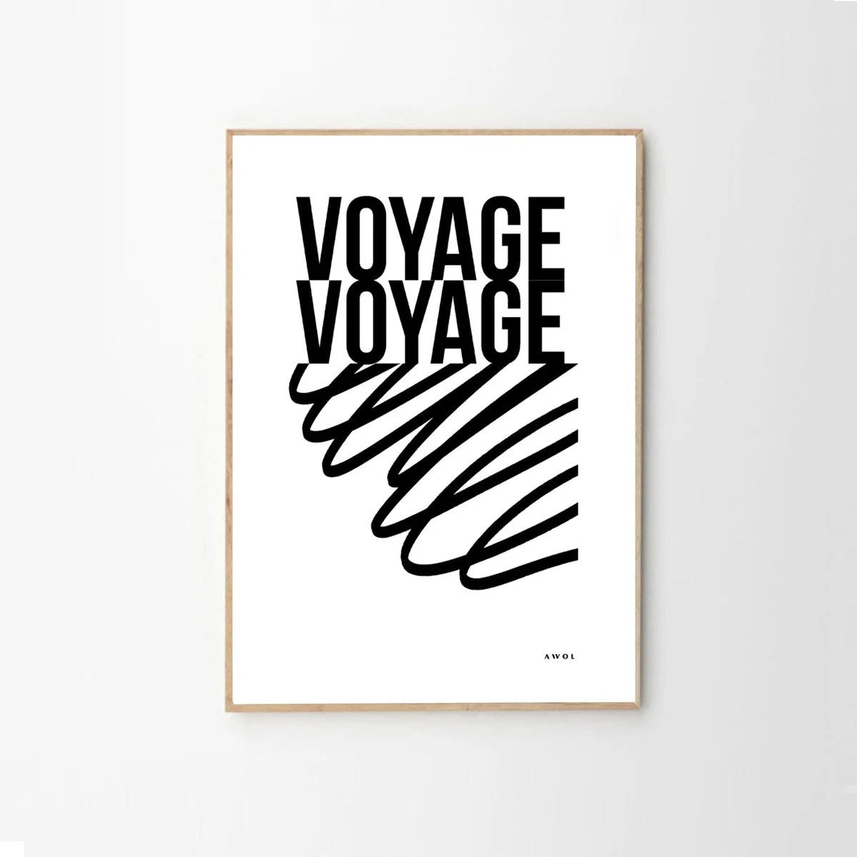 Black / White Voyage Voyage Travel Art Print Black And White Travel Typography Poster With Abstract Line Illustration Awol – image 3