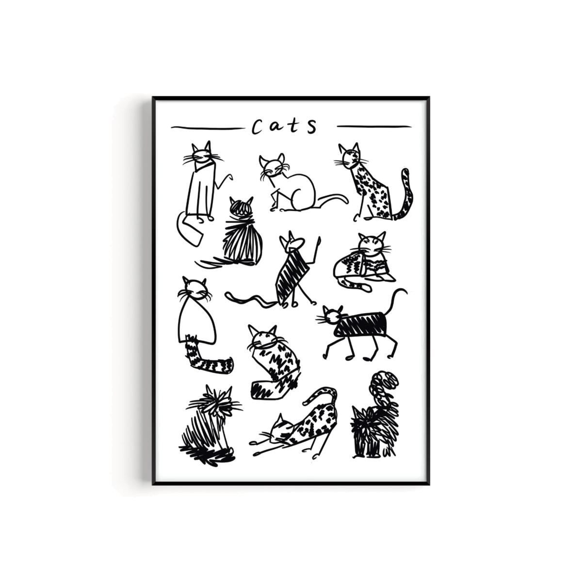 Black / White Cat Black And White Drawing Art Print - A3 | Natalie Cass Art – image 1