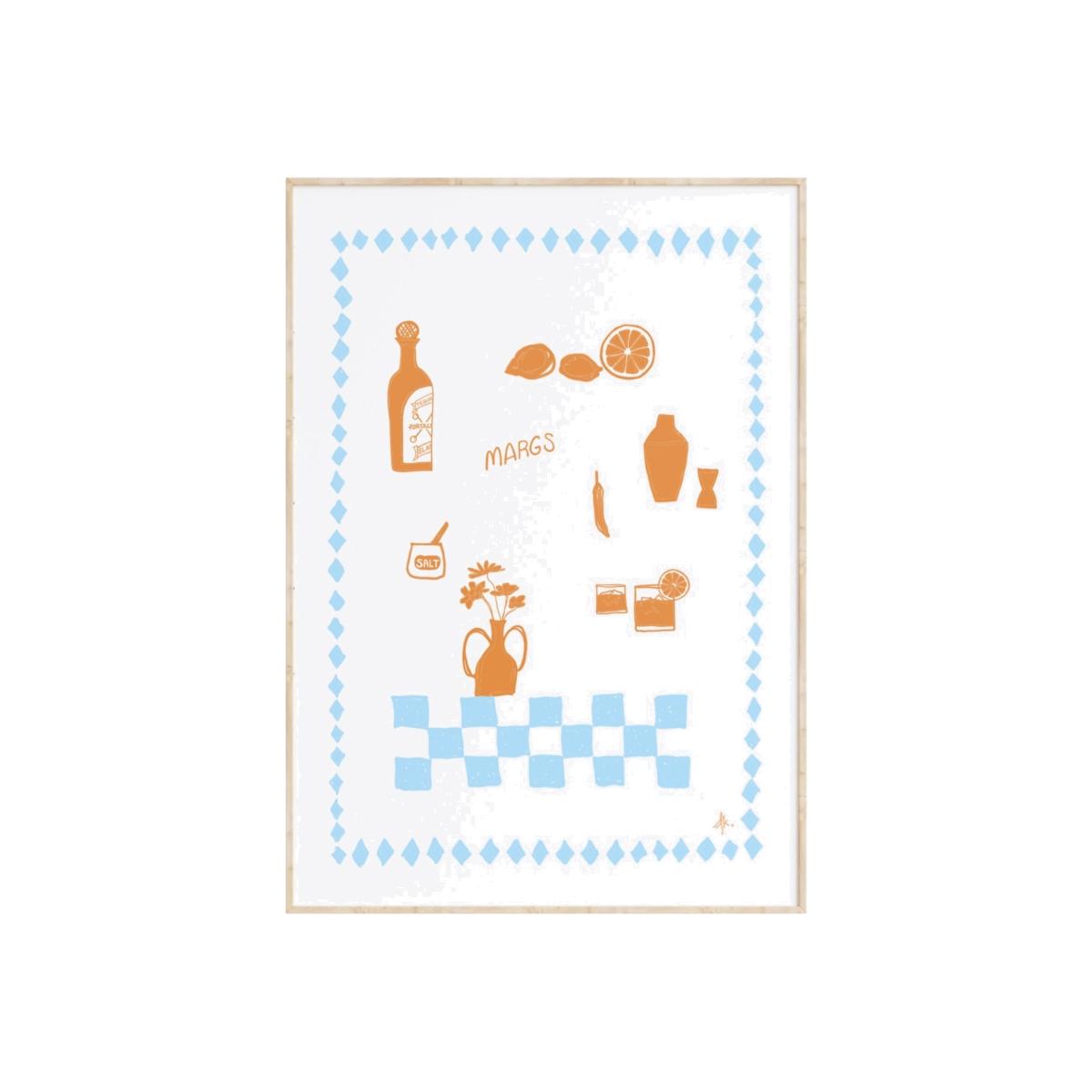 Yellow / Orange Camellia Pickle Margs Art Print Tan And Light Blue A3 297 X 420Mm – image 1