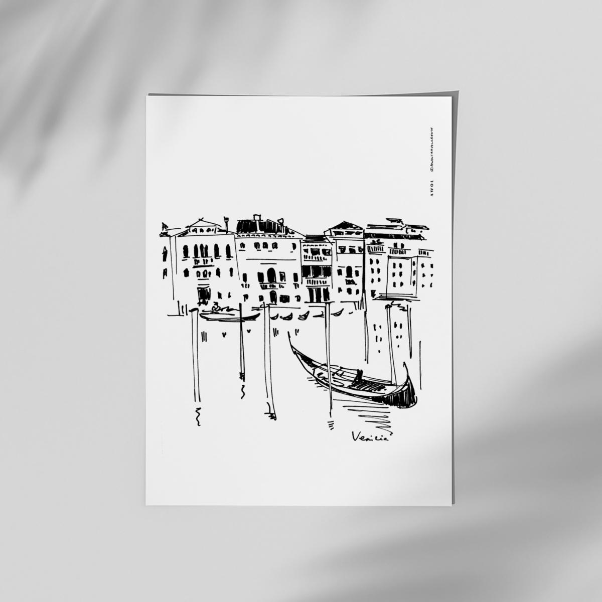 Black / White Italy Art Print, Venice Wall Poster With Palazzos And Gondolas On The Grand Canal Awol – image 3