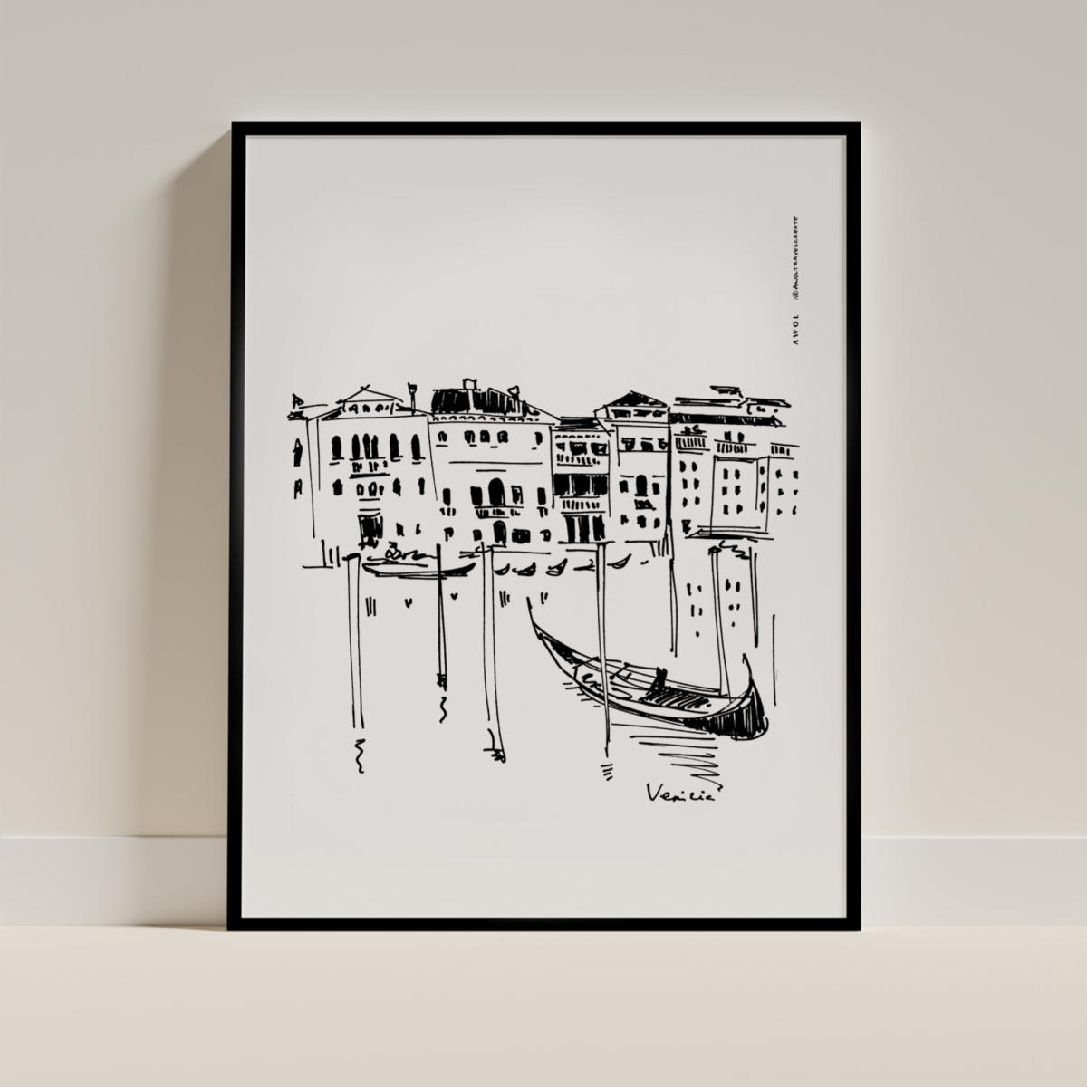 Black / White Italy Art Print, Venice Wall Poster With Palazzos And Gondolas On The Grand Canal Awol – image 5
