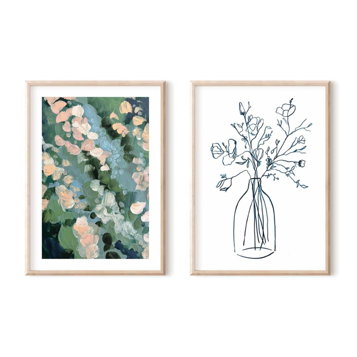 Pink / Purple / Neutrals Blush Abstract Painting And Indigo Wild Flower Print Pair A3 297 X 420Mm Emily M Art & Design – image 1
