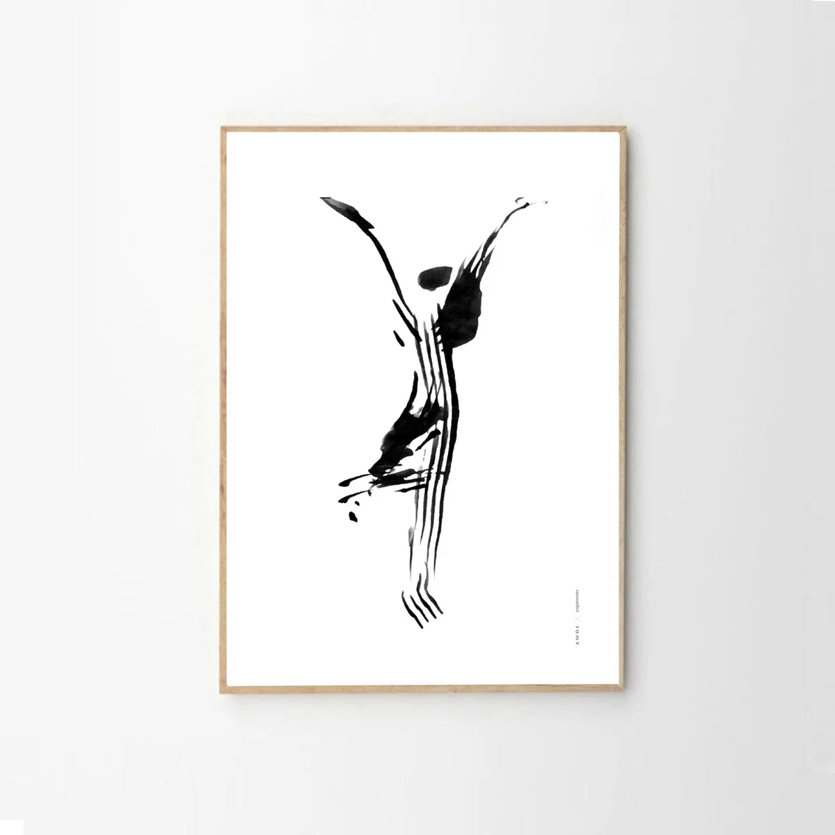 Black / White Hand Painted Black And White Yoga Pose Art Print: Mindful Morning Tree Yoga Illustration In Ink Awol – image 3
