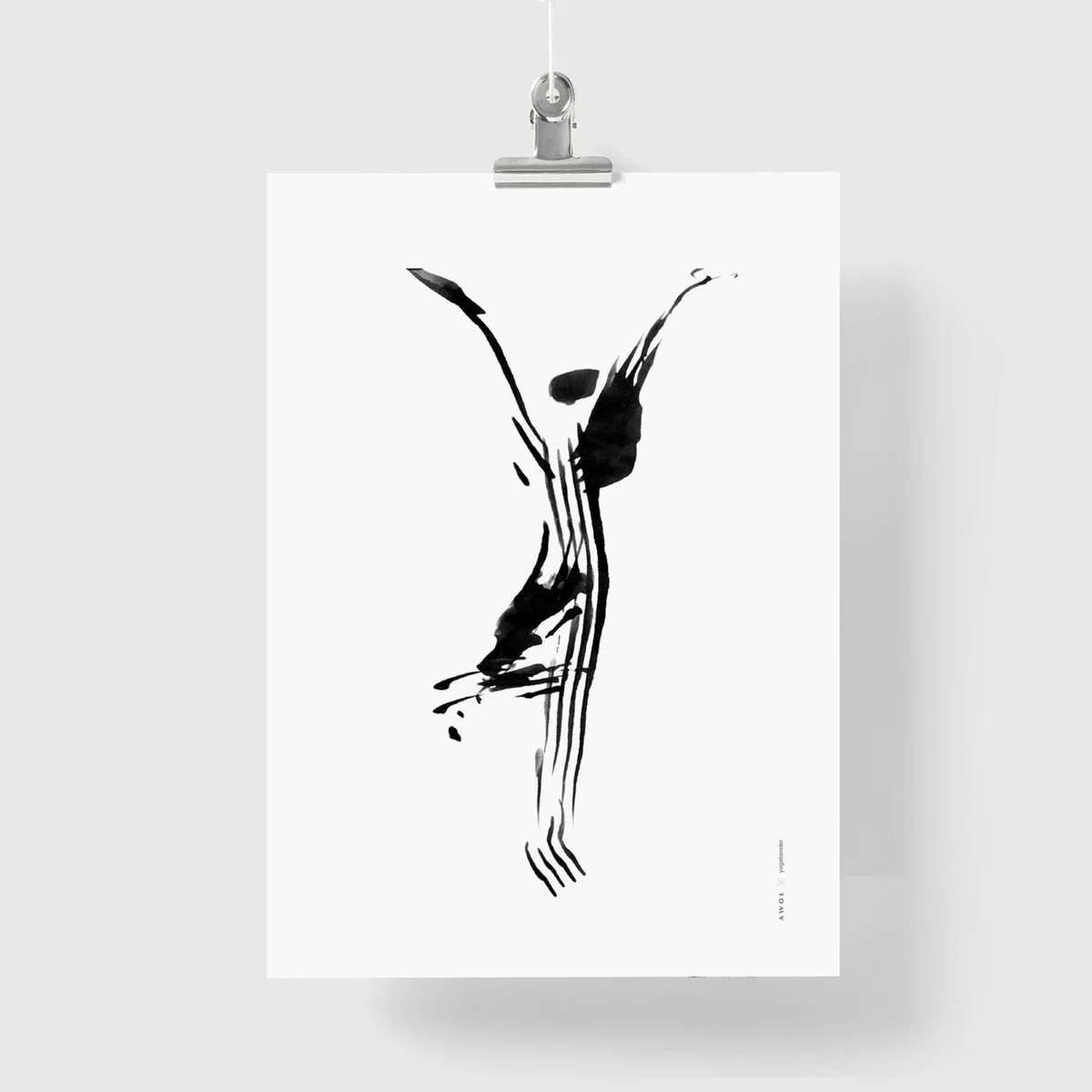 Black / White Hand Painted Black And White Yoga Pose Art Print: Mindful Morning Tree Yoga Illustration In Ink Awol – image 5