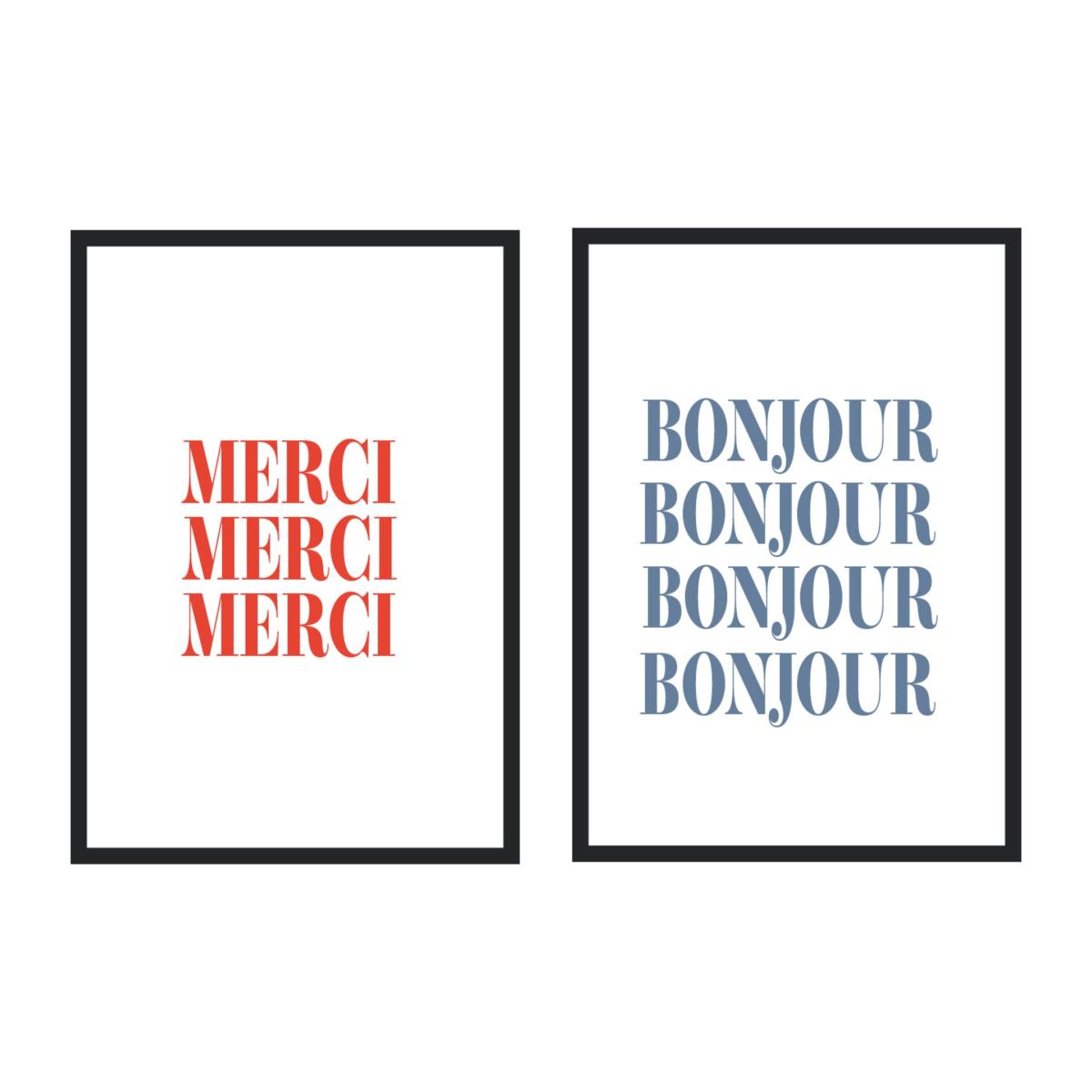 Blue / Red Bonjour And Merci French Giclée Art Print Set In A3 A3 297 X 420Mm Fanclub – image 4