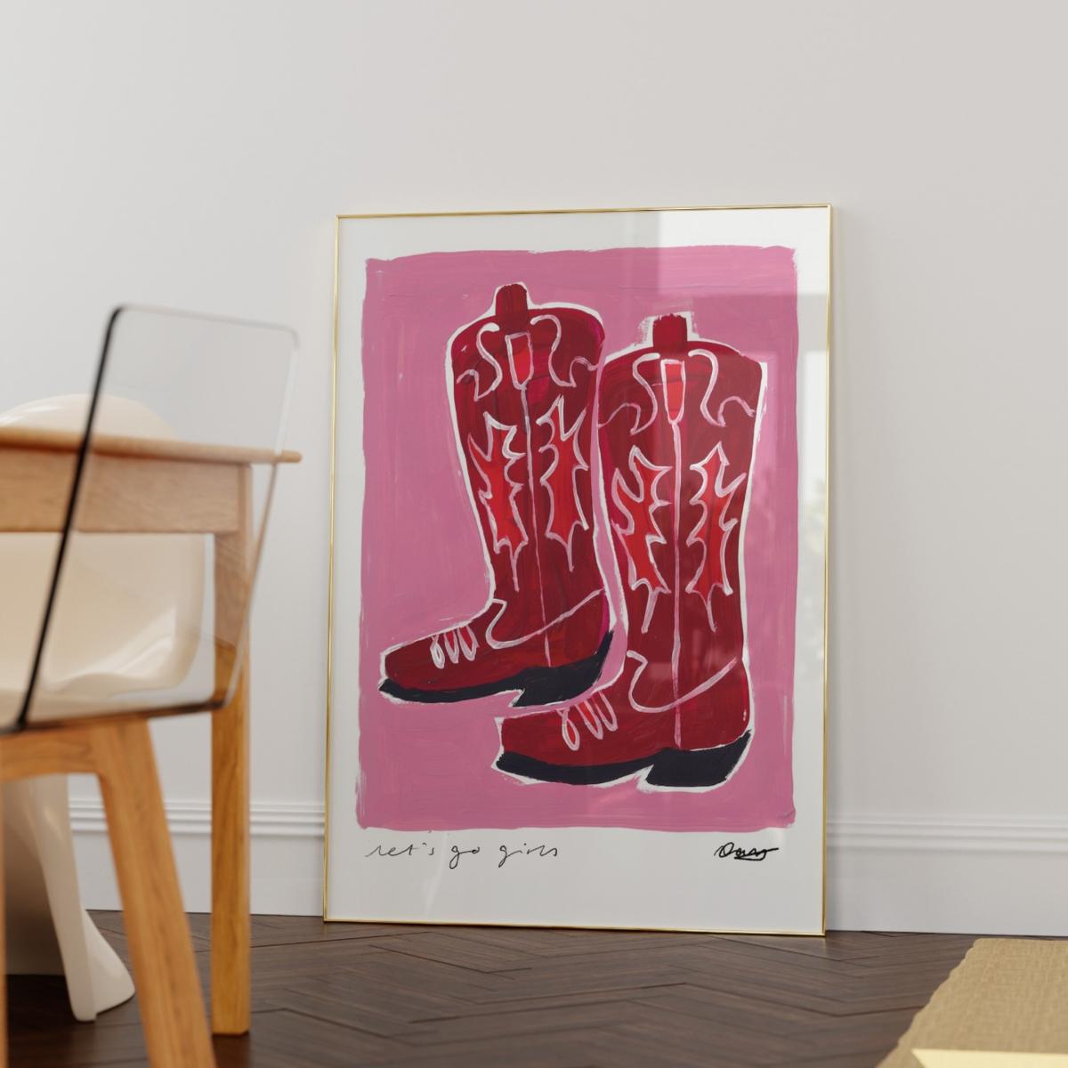 Red / Pink / Purple Cowboy Boots Hand Painted Art Print - A2 | Natalie Cass Art – image 2