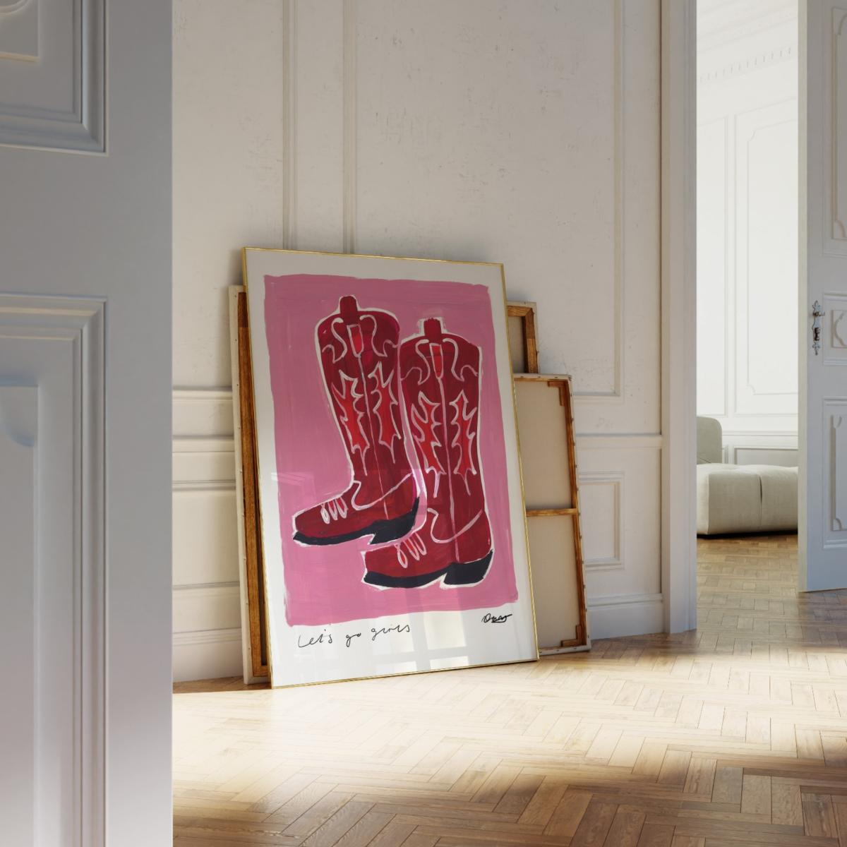 Red / Pink / Purple Cowboy Boots Hand Painted Art Print - A2 | Natalie Cass Art – image 3