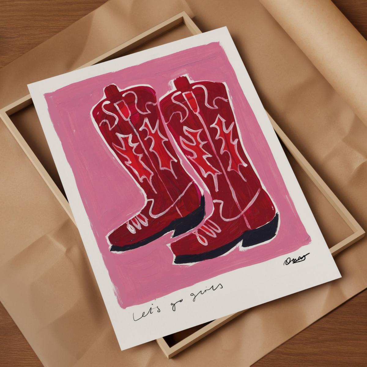Red / Pink / Purple Cowboy Boots Hand Painted Art Print - A2 | Natalie Cass Art – image 4