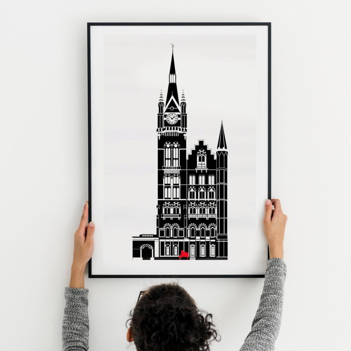 Black St. pancras & The Red Piano Illustrated Art Print A3 297 X 420Mm Eye for London Prints – image 2