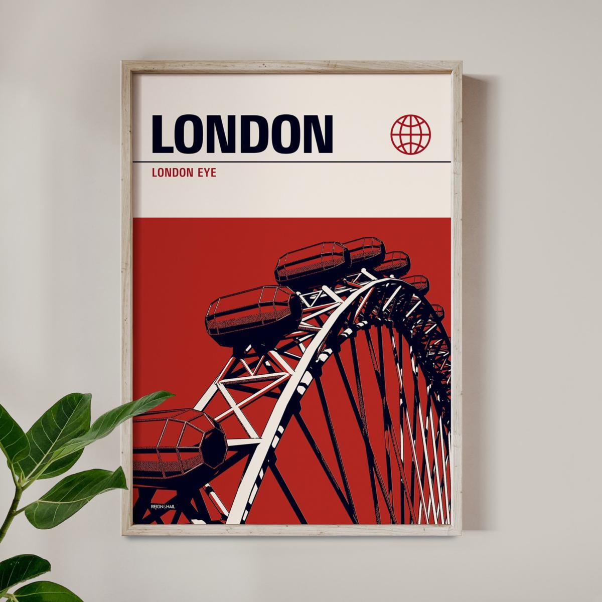 Red London Eye Modernist Architectural Travel Poster A3 297 X 420Mm Reign & Hail – image 2