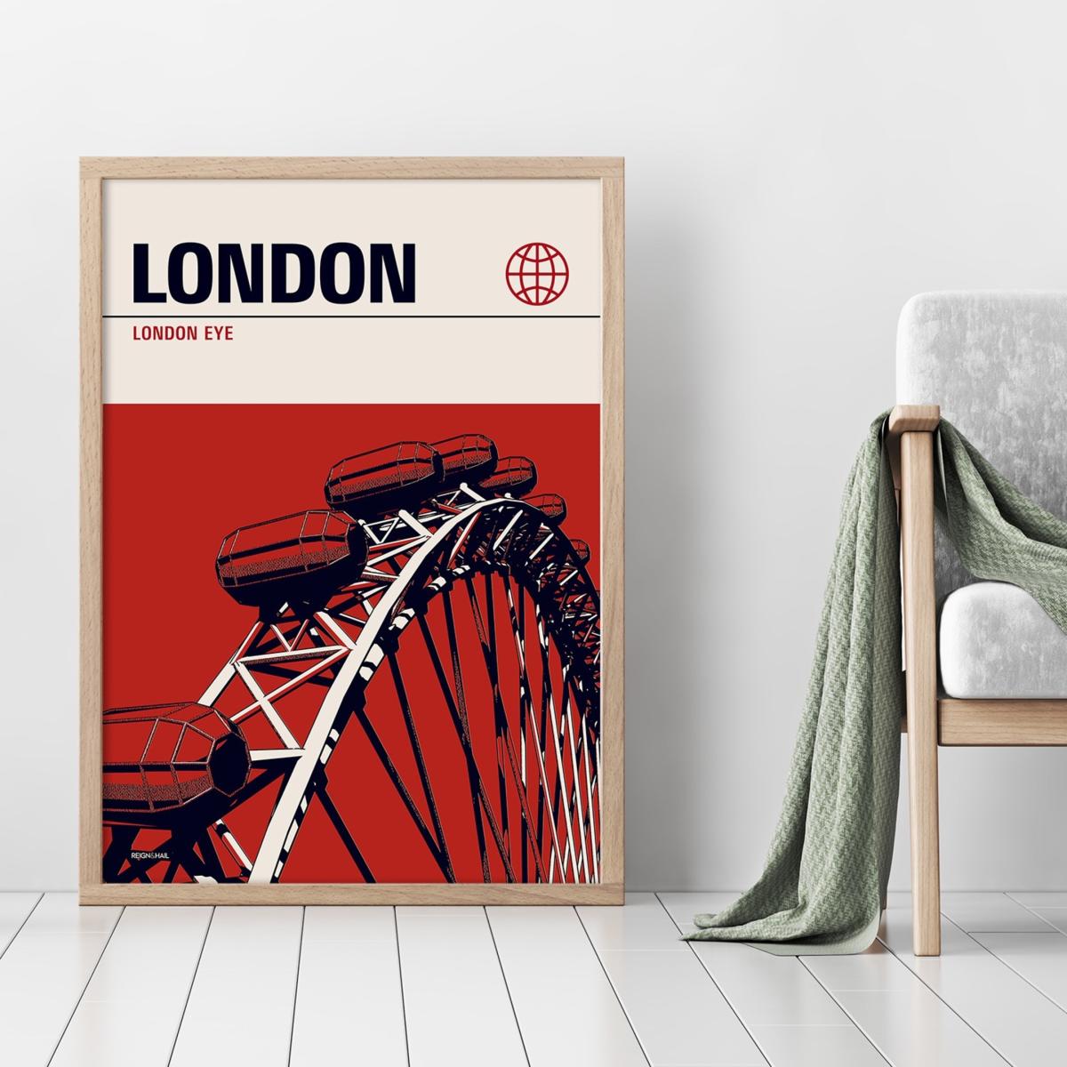 Red London Eye Modernist Architectural Travel Poster A3 297 X 420Mm Reign & Hail – image 3
