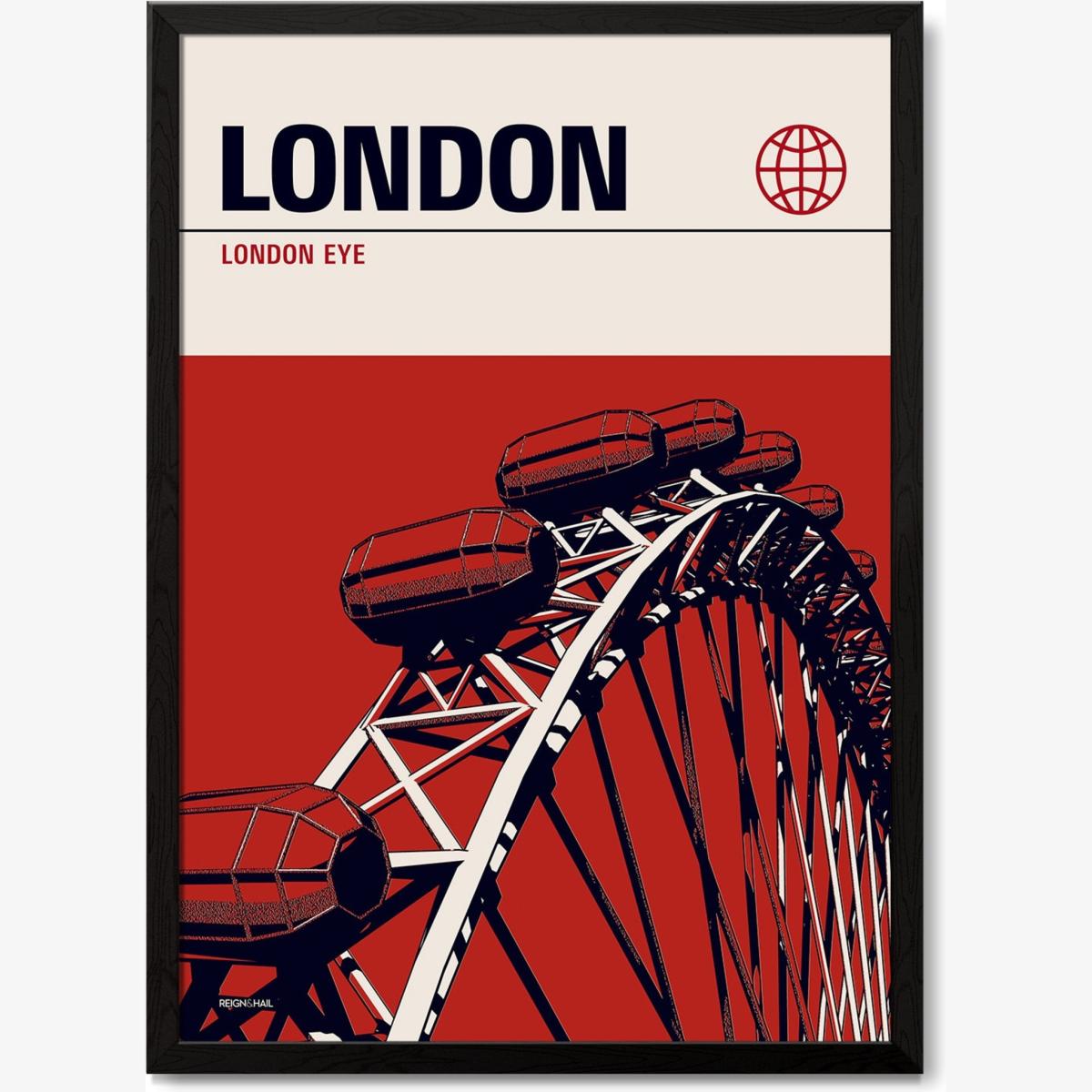 Red London Eye Modernist Architectural Travel Poster A3 297 X 420Mm Reign & Hail – image 1