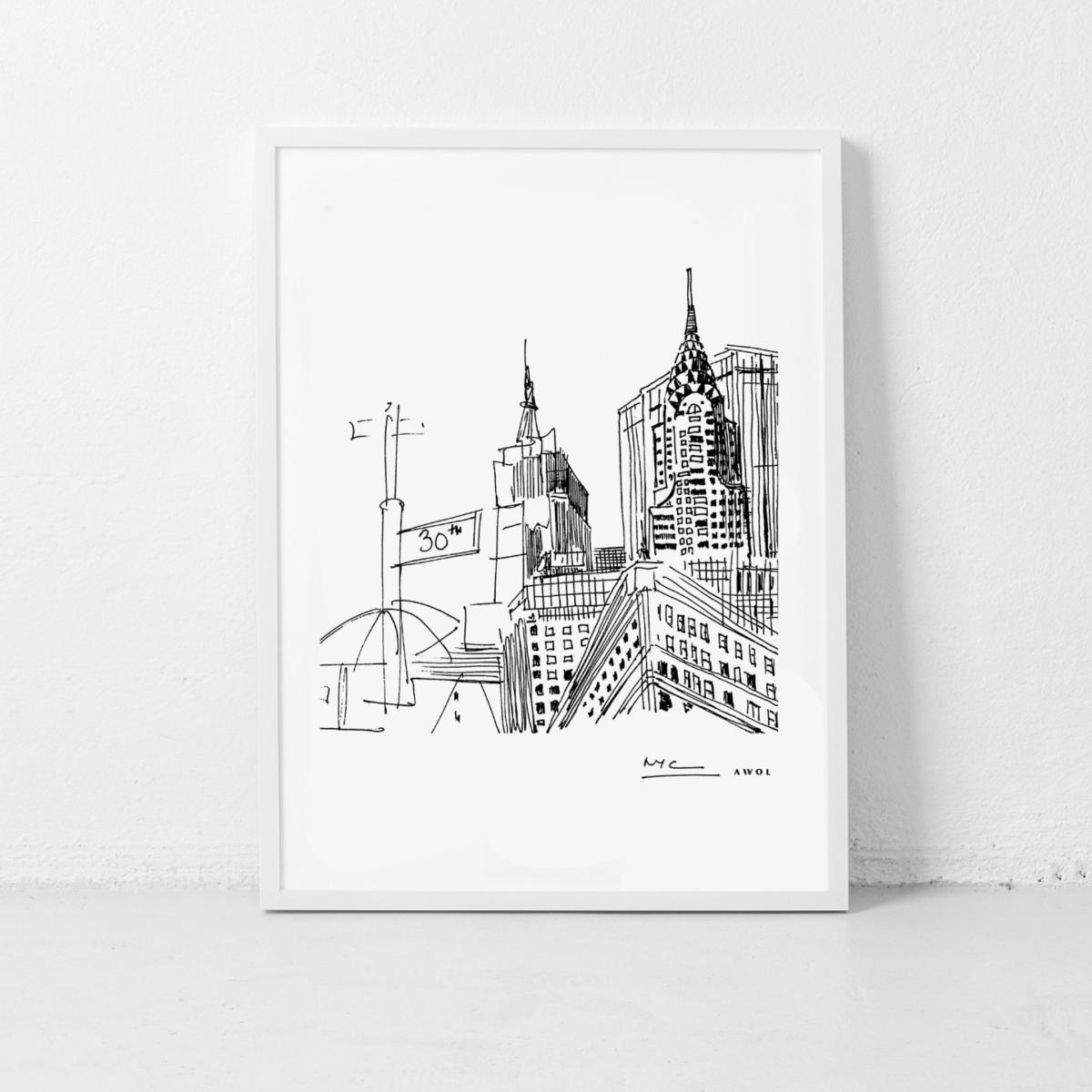 Black / White New York City Urban Art Print: Black And White Illustration Of Iconic New York Skyline With Manhattan Buildings Awol – image 2
