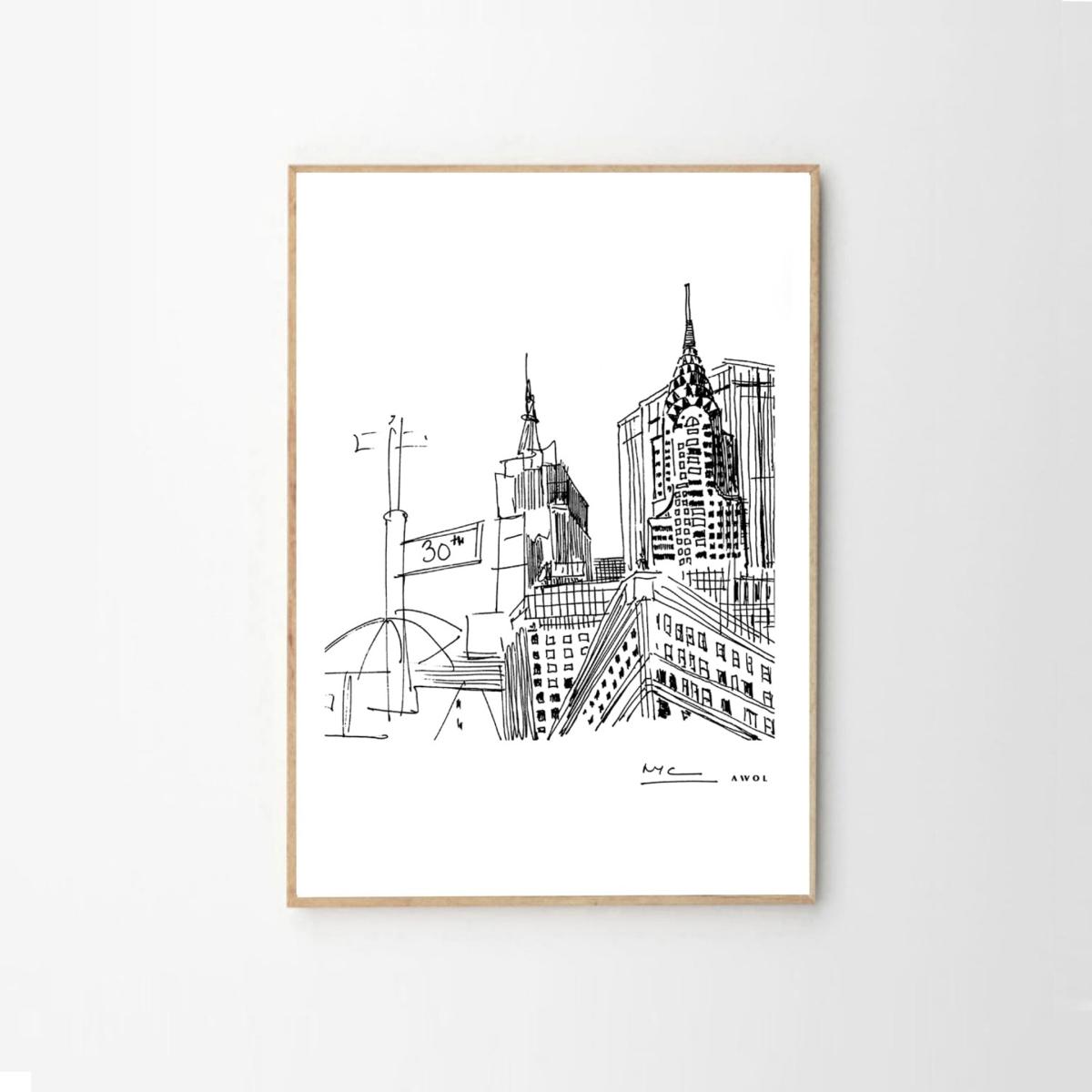 Black / White New York City Urban Art Print: Black And White Illustration Of Iconic New York Skyline With Manhattan Buildings Awol – image 11