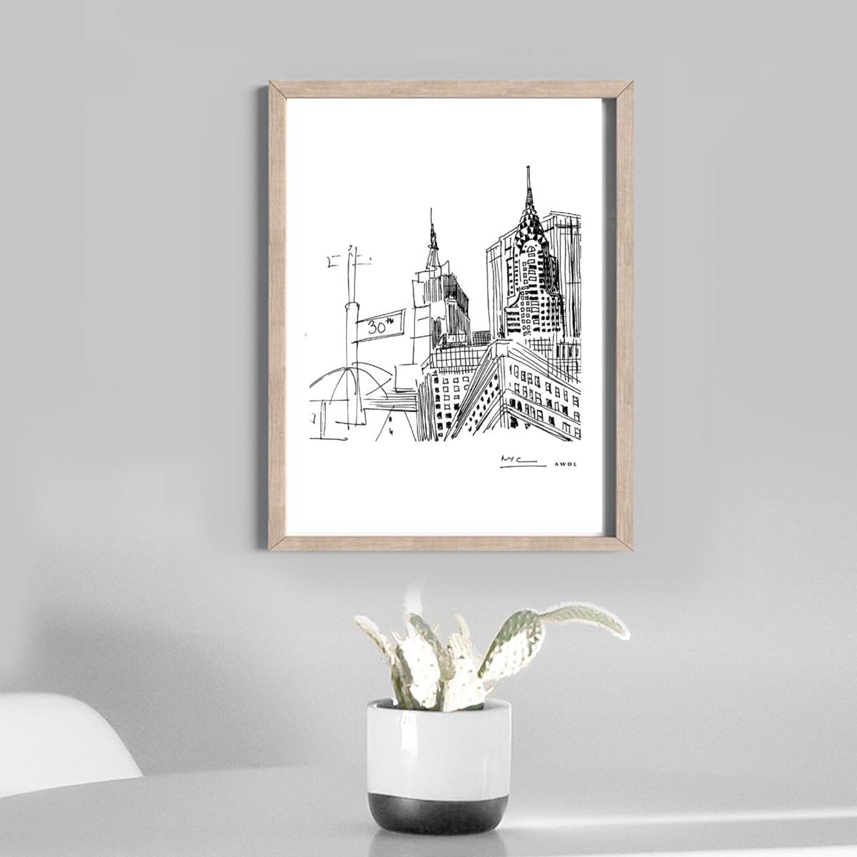 Black / White New York City Urban Art Print: Black And White Illustration Of Iconic New York Skyline With Manhattan Buildings Awol – image 4