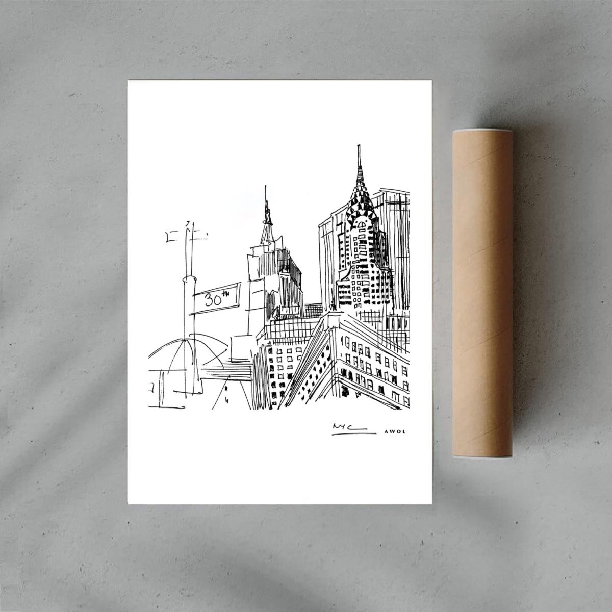Black / White New York City Urban Art Print: Black And White Illustration Of Iconic New York Skyline With Manhattan Buildings Awol – image 5