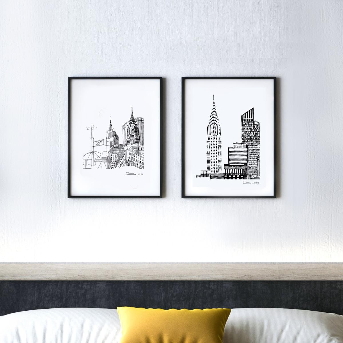Black / White New York City Urban Art Print: Black And White Illustration Of Iconic New York Skyline With Manhattan Buildings Awol – image 10