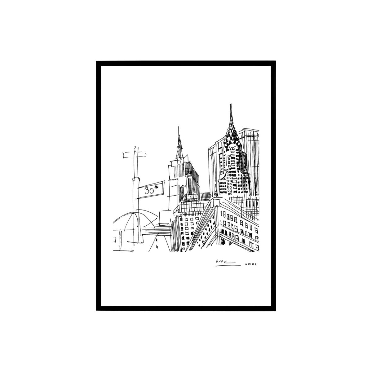 Black / White New York City Urban Art Print: Black And White Illustration Of Iconic New York Skyline With Manhattan Buildings Awol – image 1